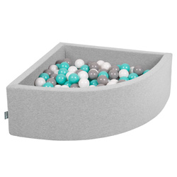 KiddyMoon Viertel Eckig Bällebad Bällepool ∅ 7Cm Ballgruben Für Babys Spielbad Kleinkinder, Hergestellt in der EU, hellgrau:weiß/grau/helltürkis, 90x30cm/300 Bälle