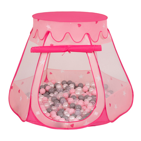 Baby Spielzelt Mit Plastikbällen Für Kinder Leicht und Kompakt ideal für Drinnen Und Draußen Fördert Sensorische Integration Schneller Aufbau, pink:perle-grau-transparent-puderrosa, 600 Bällen