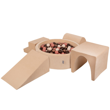 KiddyMoon Spielplatz Velvet Aus Schaumstoff Mit Samt Rund Bällebad Ballgruben Für Babys Spielbad Hindernisläufen, Hergestellt In Der EU, sandbeige:braun/kupferrot/pastellbeige/lachsfarben, Bällebad (300 Bälle) + Version 3