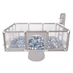 Laufstall Baby Großer Spielplatz mit Bällen Laufgitter für Kinder, grau: grau/weiß/transparent/babyblue, 100 Bälle