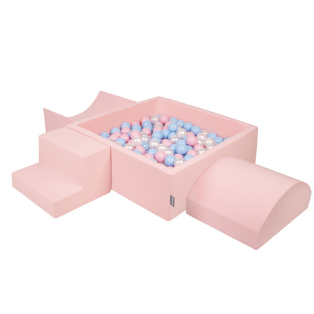 KiddyMoon Spielplatz aus Schaumstoff mit Quadrat Bällebad Bälle Hindernisläufen, pink:babyblue/puderrosa/perle, Bällebad (200 Bälle) + Version 6