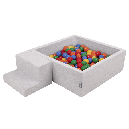 KiddyMoon Spielplatz aus Schaumstoff mit Quadrat Bällebad Ballgruben für Babys Spielbad Hindernisläufen, Hergestellt in der EU, hellgrau:gelb/grün/blau/rot/orange, Bällebad (100 Bälle) + Stüfchen