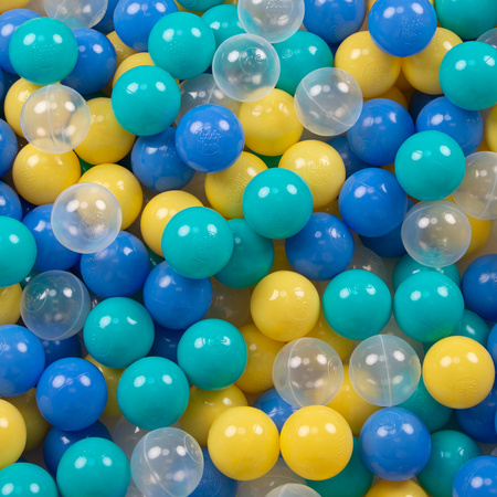 KiddyMoon Kinder Bälle für Bällebad Baby Plastikbälle Spielbälle ∅6cm Made in EU, türkis/blau/gelb/transparent, 50 Bälle/6cm
