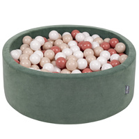 KiddyMoon Rund Bällebad Velvet Bällepool ∅ 7Cm Ballgruben Für Babys Spielbad Kleinkinder, Hergestellt in der EU, waldgrün: pastellbeige/lachsfarben/weiß, 90 x 30 cm 200 Bälle