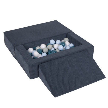KiddyMoon Kindersofa Modular mit Weichem Zwickel und Bällen Für Kinderzimmer Bequem Vielseitig Gerippter Stoff Abnehmbarer Bezug Perfekt zum Spielen und Entspannen, dunkelblau: dunkeltürkis/grüngrau/pastellblau/weiß, Sofa/Zwickel + 100 Bälle