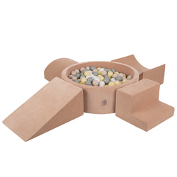 KiddyMoon Spielplatz Velvet Aus Schaumstoff Mit Samt Rund Bällebad Ballgruben Für Babys Spielbad Hindernisläufen, Hergestellt In Der EU, wüstenrosa: pastellbeige/grüngrau/pastellgelb/weiß, Bällebad (300 Bälle) + Version 5
