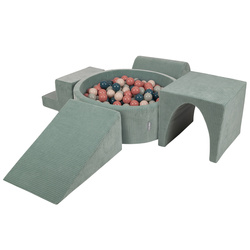 KiddyMoon Spielplatz Aus Schaumstoff Für Kinder Mit Bälle Waschbare Bezug, grün: dunkeltürkis/pastellbeige/grüngrau/lachsfarben, Bällebad (300 Bälle) + Version 3