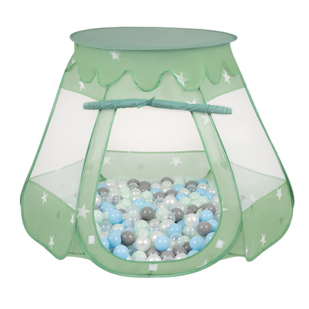 Baby Spielzelt Mit Plastikbällen Für Kinder Leicht und Kompakt ideal für Drinnen Und Draußen Fördert Sensorische Integration Schneller Aufbau, minze:perle/grau/transparent/babyblue/minze, 100 Bällen