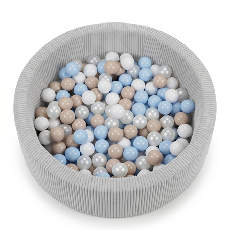 KiddyMoon Bällebad für Kinder aus Schaumstoff, weicher Rippbezug, abnehmbarer Bezug, waschbar, Hellgrau: Pastellbeige/Pastellblau/Weiß/Perle, 90 x 30 cm 200 Bälle