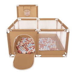 Laufstall mit Korb und Bällen Laufgitter für Kinder, beige:pastellbeige/pastellblau/lachsfarben, 100 Bälle