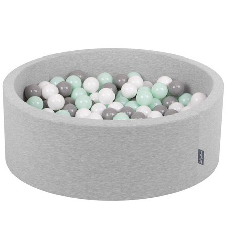 KiddyMoon Bällebad Bällepool mit bunten Bällen ∅ 7Cm  für Babys Kinder Rund, hellgrau:weiß/grau/minze, 90 x 30 cm 300 Bälle