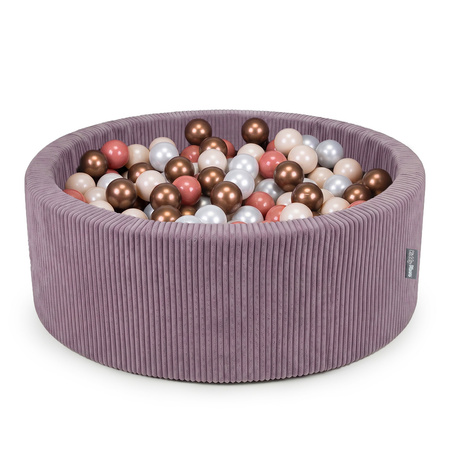 KiddyMoon Bällebad für Kinder aus Schaumstoff, weicher Rippbezug, abnehmbarer Bezug, waschbar, Violett: Pastellbeige/Kupfer/Perle/Lachs, 90 x 30 cm 200 Bälle