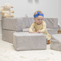 KiddyMoon Set aus Zwei Weichen Kinderpuffen Für Kinder Leichte und Vielseitige Sitzkissen Gerippter Stoff Abnehmbarer Bezug Perfekt für Spielen und Entspannen, hellgrau, Puff