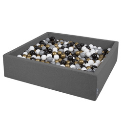 KiddyMoon Quadrat Bällebad Bällepool ∅ 7Cm Eckig Ballgruben Für Babys Spielbad Kleinkinder, Hergestellt in der EU, dunkelgrau:weiß-grau-schwarz-gold, 120x30cm/200 Bälle
