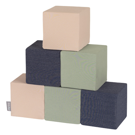 KiddyMoon Schaumstoff Würfel für Baby Weiche Blöcke Schaum Spielzeug Montessori-Spielzeug mit Schaum und viel Spaß für Kinder, Blöcke: dunkelblau-beige-salbeifarben, 6 Stücke