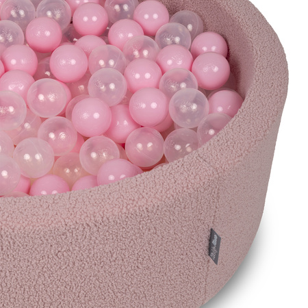 KiddyMoon Bällebad für Baby mit Teddy-Plüsch, Größere 7 cm Bälle für Eine Vollere Füllung, ab 8 Monaten, Abnehmbarer Bezug, Rosa: Puderrosa/Transparent, 90 x 30 cm 300 Bälle