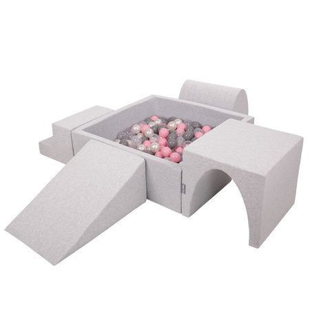 KiddyMoon Spielplatz aus Schaumstoff mit Quadrat Bällebad Bälle Hindernisläufen, hellgrau:perle/grau/transparent/puderrosa, Bällebad (300 Bälle) + Version 3