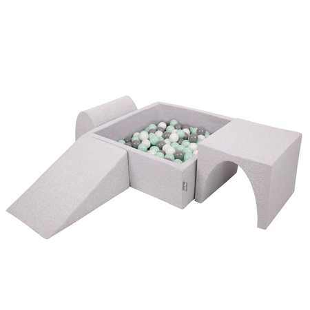 KiddyMoon Spielplatz aus Schaumstoff mit Quadrat Bällebad Bälle Hindernisläufen, hellgrau:weiß/grau/minze, Bällebad (300 Bälle) + Version 2