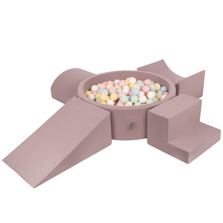 KiddyMoon Spielplatz aus Schaumstoff mit Bällebad und Bällen Hindernisläufen, erikafarben:pastellblau/pastellgelb/weiß/minze/puderrosa, Bällebad (200 Bälle) + Version 5