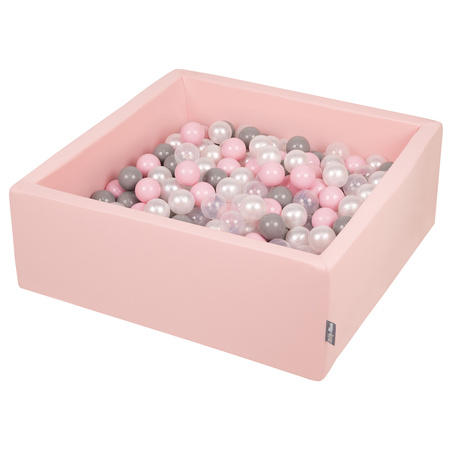 KiddyMoon Bällebad Bällepool mit bunten Bällen ∅ 7Cm  für Babys Kinder Quadrat, rosa:perle/grau/transparent/puderrosa, 90x30cm/300 Bälle