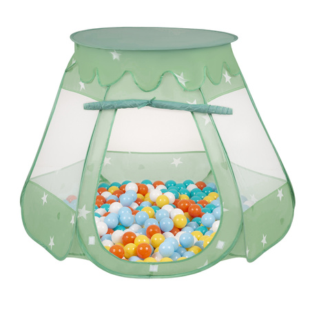 Baby Spielzelt Mit Plastikbällen Für Kinder Leicht und Kompakt ideal für Drinnen Und Draußen Fördert Sensorische Integration Schneller Aufbau, minze:weiß/gelb/orange/babyblue/türkis, 200 Bällen