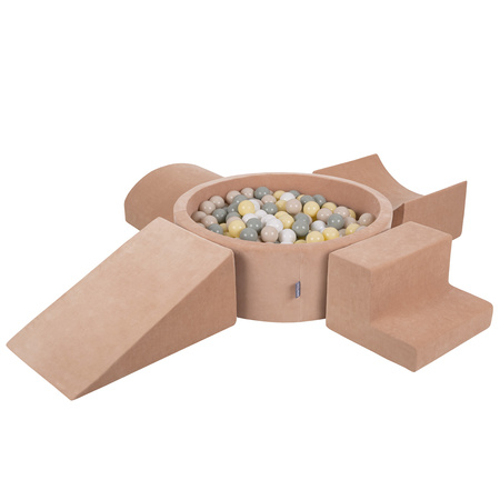 KiddyMoon Spielplatz Velvet Aus Schaumstoff Mit Samt Rund Bällebad Ballgruben Für Babys Spielbad Hindernisläufen, Hergestellt In Der EU, wüstenrosa: pastellbeige/grüngrau/pastellgelb/weiß, Bällebad (300 Bälle) + Version 5
