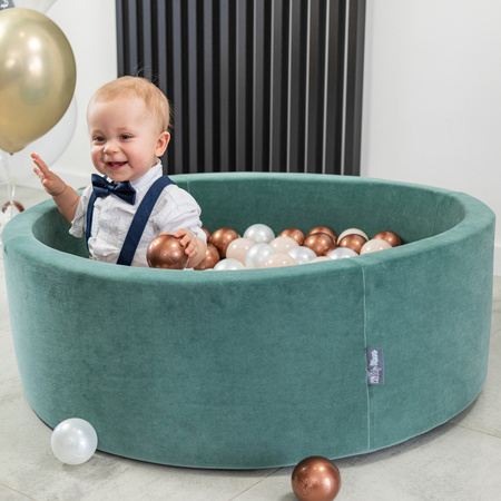 KiddyMoon Rund Bällebad Velvet Bällepool ∅ 7Cm Ballgruben Für Babys Spielbad Kleinkinder, Hergestellt in der EU, waldgrün: pastellbeige/kupferrot/perle, 90 x 30 cm 300 Bälle