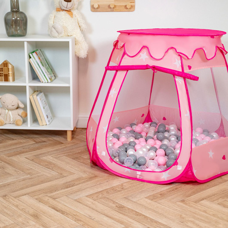 Baby Spielzelt Mit Plastikbällen Für Kinder Leicht und Kompakt ideal für Drinnen Und Draußen Fördert Sensorische Integration Schneller Aufbau, pink:perle-grau-transparent-puderrosa, 200 Bällen