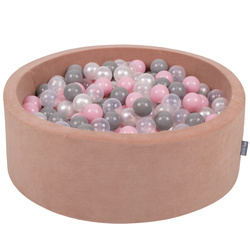 KiddyMoon Rund Bällebad Velvet Bällepool ∅ 7Cm Ballgruben Für Babys Spielbad Kleinkinder, Hergestellt in der EU, wüstenrosa: perle/grau/transparent/rosa, 90x30cm/200 Bälle