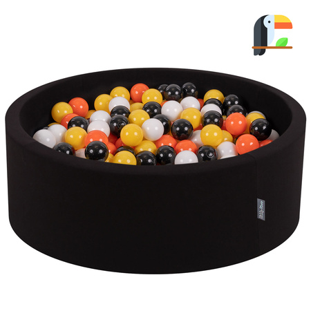 KiddyMoon Bällebad Bällepool mit bunten Bällen ∅ 7Cm  für Babys Kinder Rund, Tukan:schwarz/weiß/orange/gelb, 90x30cm/300 Bälle