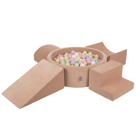 KiddyMoon Spielplatz Velvet Aus Schaumstoff Mit Samt Rund Bällebad Ballgruben Für Babys Spielbad Hindernisläufen, Hergestellt In Der EU, wüstenrosa: pastellbeige/pastellgelb/weiß/minze/puderrosa, Bällebad (300 Bälle) + Version 5