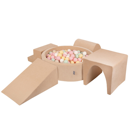 KiddyMoon Spielplatz Velvet Aus Schaumstoff Mit Samt Rund Bällebad Ballgruben Für Babys Spielbad Hindernisläufen, Hergestellt In Der EU, sandbeige:pastellbeige/pastellgelb/weiß/minze/puderrosa, Bällebad (300 Bälle) + Version 3