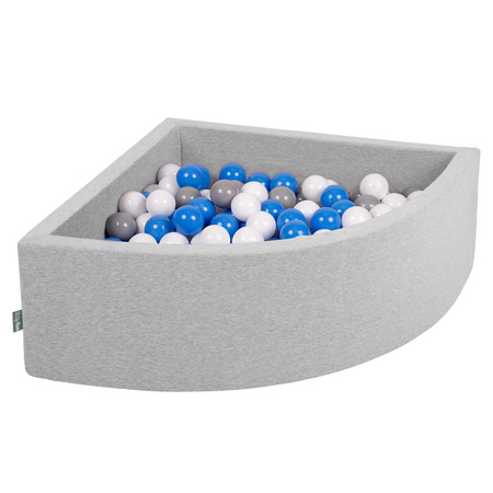 KiddyMoon Viertel Eckig Bällebad Bällepool ∅ 7Cm Ballgruben Für Babys Spielbad Kleinkinder, Hergestellt in der EU, hellgrau:grau/weiß/blau, 90x30cm/200 Bälle