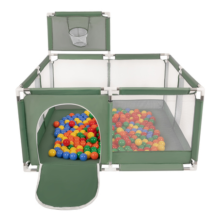 Laufstall mit Korb und Bällen Laufgitter für Kinder, grün:gelb/grün/blau/rot/orange, 200 Bälle