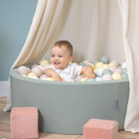KiddyMoon Rundes Bällebad mit Bällen für Baby aus Schaumstoff, salbeifarben:pastellbeige/grüngrau/pastellgelb/weiß, 90x30cm/200 Bälle