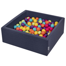 KiddyMoon Bällebad Bällepool mit bunten Bällen ∅ 7Cm  für Babys Kinder Quadrat, dunkelblau:h.grün/gelb/türkis/orange/d.pink/violet, 90x30cm/200 Bälle