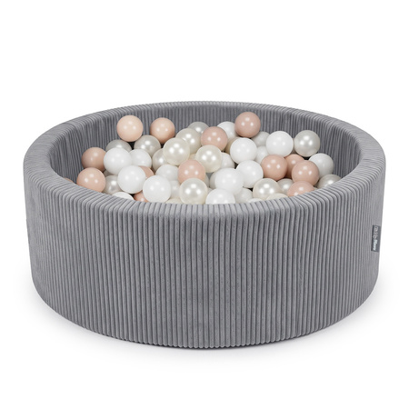 KiddyMoon Bällebad für Kinder aus Schaumstoff, weicher Rippbezug, abnehmbarer Bezug, waschbar, Dunkelgrau: Pastellbeige/Weiß/Perle, 90 x 30 cm 200 Bälle
