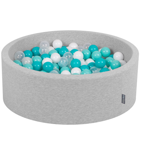 KiddyMoon Bällebad Bällepool mit bunten Bällen ∅ 7Cm für Babys Kinder Rund, hellgrau:helltürkis/weiß/transparent/türkis, 90 x 30 cm 300 Bälle