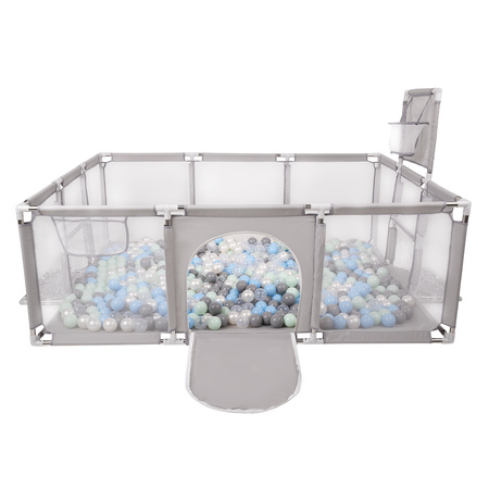 Laufstall Baby Großer Spielplatz mit Bällen Laufgitter für Kinder, Grau:perle/grau/transparent/babyblue/minze, 400 Bällen