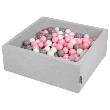 KiddyMoon Bällebad Bällepool mit bunten Bällen ∅ 7Cm für Babys Kinder Quadrat, hellgrau:weiß/grau/rosa