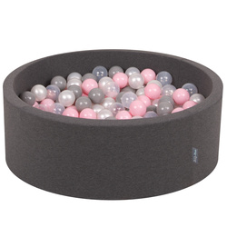 KiddyMoon Bällebad Bällepool mit bunten Bällen ∅ 7Cm  für Babys Kinder Rund, dunkelgrau:perle/grau/transparent/rosa, 90x30cm/300 Bälle