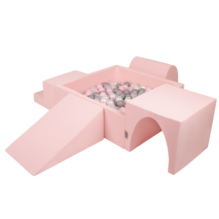 KiddyMoon Spielplatz aus Schaumstoff mit Quadrat Bällebad Bälle Hindernisläufen, pink:perle/grau/transparent/puderrosa, Bällebad (200 Bälle) + Version 3