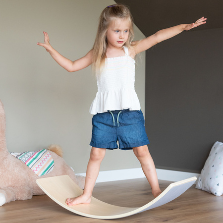 KiddyMoon Balance Board aus Holz für Kinder, Babys Montessori Spielzeug, Gleichgewicht, Balancieren Babys Holzspielzeug, Balancebrett Wackelbrett Gleichgewicht, Weiß, 83x29,5x1,4 cm