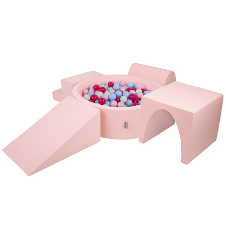KiddyMoon Spielplatz aus Schaumstoff mit Bällebad und Bällen Hindernisläufen, pink:puderrosa/dunkelpink/babyblau/minze, Bällebad (300 Bälle) + Version 3