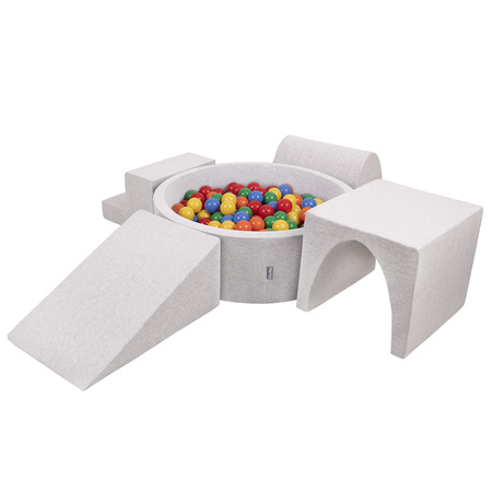 KiddyMoon Spielplatz aus Schaumstoff mit Bällebad und Bällen Hindernisläufen, hellgrau:gelb/grün/blau/rot/orange, Bällebad (300 Bälle) + Version 3