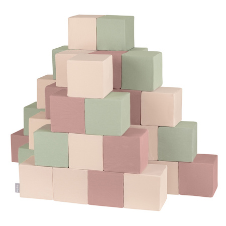 KiddyMoon Weiche Bausteine aus Schaumstoff für Kinder, Blöcke: erikafarben-beige-salbeifarben, 48 Stücke