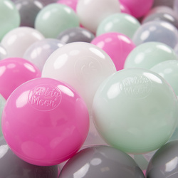 KiddyMoon Kinder Bälle für Bällebad Baby Spielbälle Plastikbälle ∅7cm Made in EU, transparent/grau/weiß/rosa/minze, 100 Bälle/7cm