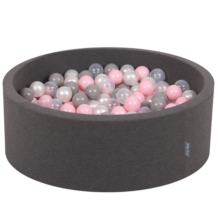 KiddyMoon Bällebad Bällepool mit bunten Bällen ∅ 7Cm  für Babys Kinder Rund, dunkelgrau:perle/grau/transparent/rosa, 90x30cm/300 Bälle