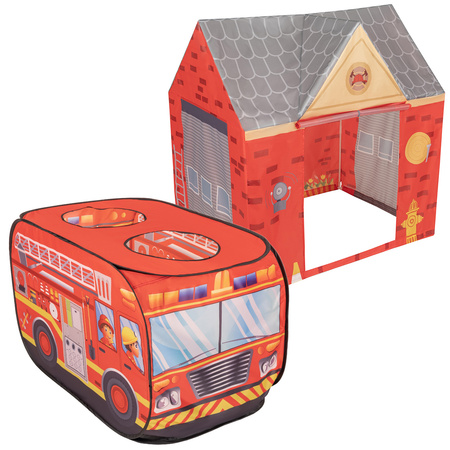 Feuerwehrauto Zelt Und Feuerwache Zelt Spielhaus Für Kinder Spielzelt Set Faltbar Pop Up Indoor Outdoor Rollenspiel Geschenk Für Jungen Mädchen Abenteuer PH-400X+PH-500X, rot:grau/gelb/rot, 300 Bälle