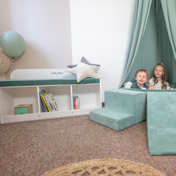 KiddyMoon Sitzbank mit Sitzfläche für Kinder Multifunktional Kindermöbel zum Sitzen Aufbewahrung Spielzeug Kind, Grau/Waldgrün, UNI